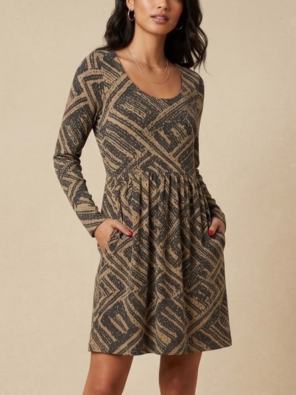 Peruvian Connection Olive & Black Geometric Long-Sleeve Dress